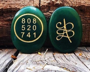 GREEN AVENTURINE ENERGISED AND ENGRAVED MONEY CODE AND ZIBU SYMBOL